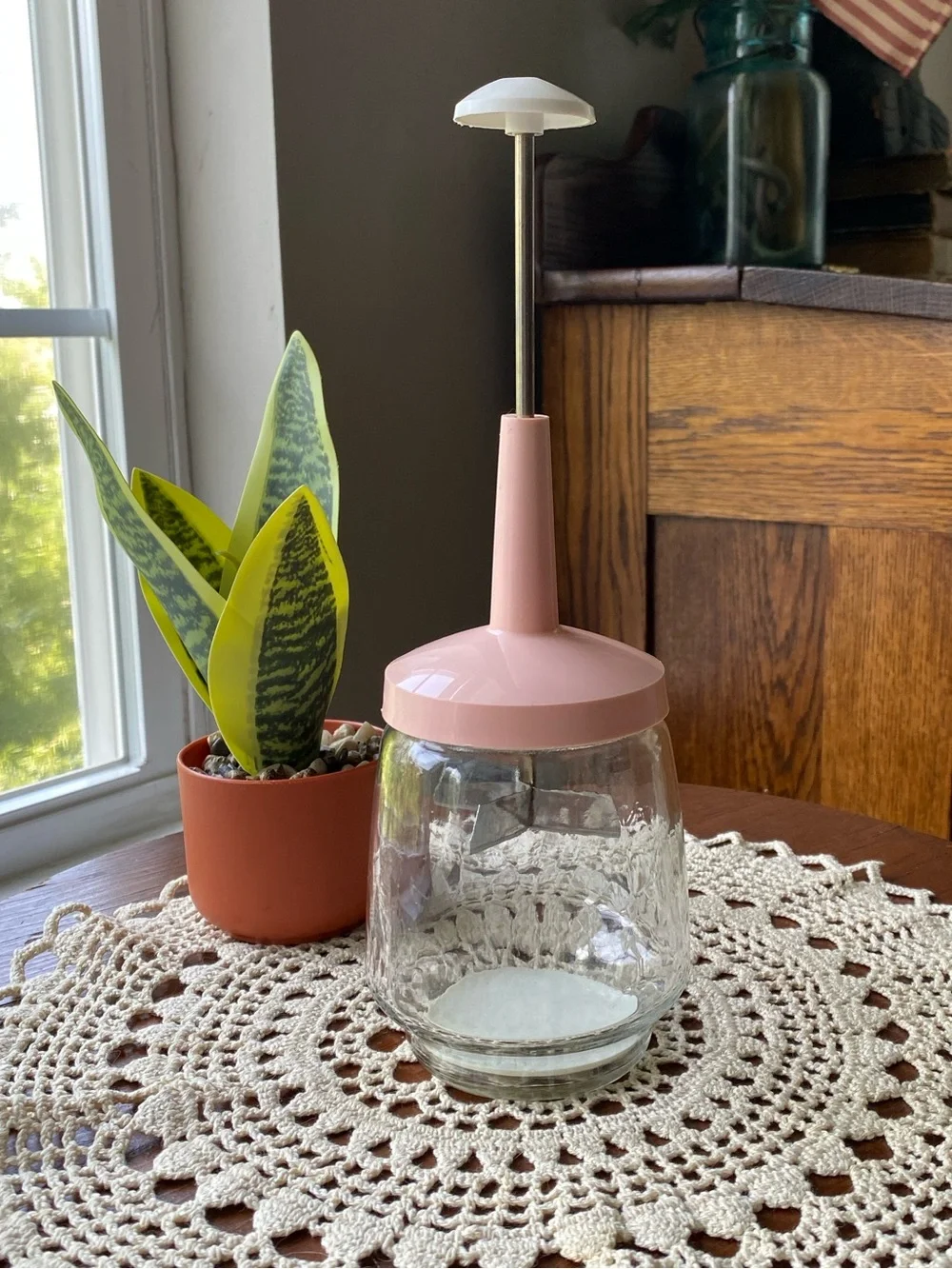 Vintage Pink Glass Hand Grinder and Jar EUC